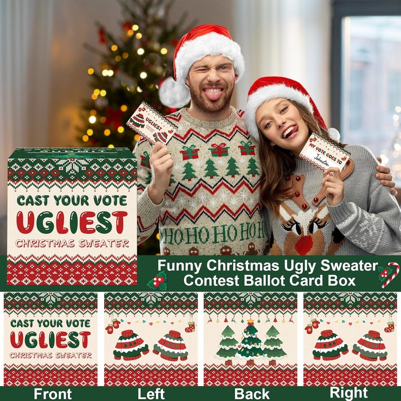 CINSOEN Christmas Ugly Sweater Contest Ballot Card Box, Decorative Christmas Voting Card Box Set with 50 Ballot Voting Cards, Cast Votes for Ugliest Sweater Holiday Xmas Games Party Decorations - Image 5